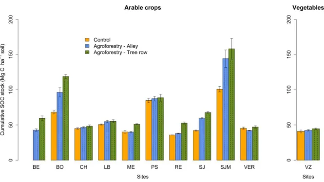 Figure 2. Soil organic C stock (Mg C ha -1 ) in 0-30 cm at the different agroforestry sites