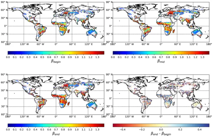 Figure 5. Value of the log-log scale slope of the fire size distribution at the beginning of the fire season, beta (4 months before the month with the highest amount of BA), in the middle of the fire season (corresponding to the month with the highest BA) 