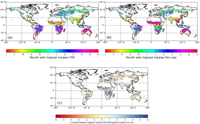 Figure 4. Month with the highest median fire radiative power (FRP, a), highest median FS (b) and the difference between the two (c)