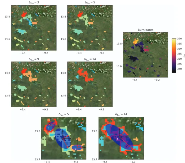 Figure 1. Example of ﬁre patch reconstruction. Figures (a) to (d) show the ﬁre patches calculated from individual adjacent burned pixels, with temporal coincidence being deﬁned by a temporal cut-off value of 3, 5, 9 and 14, for the MCD64A1 product in a reg