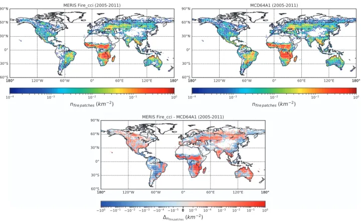 Figure 2. Fire patch density from the ﬁre patch datasets for the years 2005-2011. (a) Fire patch density calculated from the MERIS ﬁre_cci v4.1 BA product according to the algorithm described in the Methods section, with a cut-off of 5 days (b) Same for th