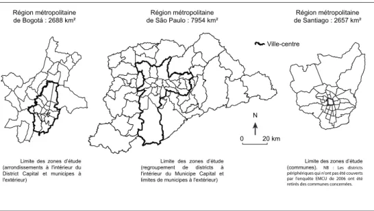 Figure 1. Zonage des enquêtes origine - destination dans les régions métropolitaines de Bogotá (2005),   São Paulo (2007) et Santiago (2006)