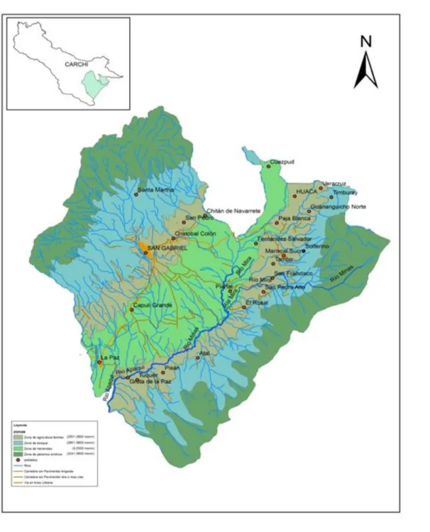 Figura  3.  Mapa  de  la  zona  de  investigación,  cantones  de  Montúfar  y  Huaca,  Carchi,  Ecuador 