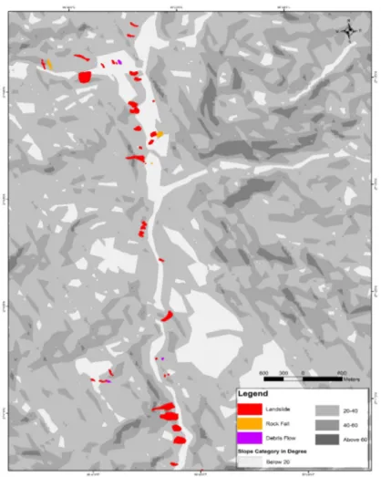 Figure 3:  Distribution  of  earthquake  induced  landslides,  rock  falls  and  debris  flow  superimposed in slope map
