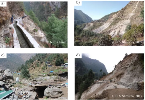 Figure 4: Earthquake induced hazards losses and damages in study area. a) Canal  damage at Manjo by landslide b) landslide induced at Nackchung village c) Destroyed  stone masonary building and collapse crops and cultivated land at Surke village south  of 
