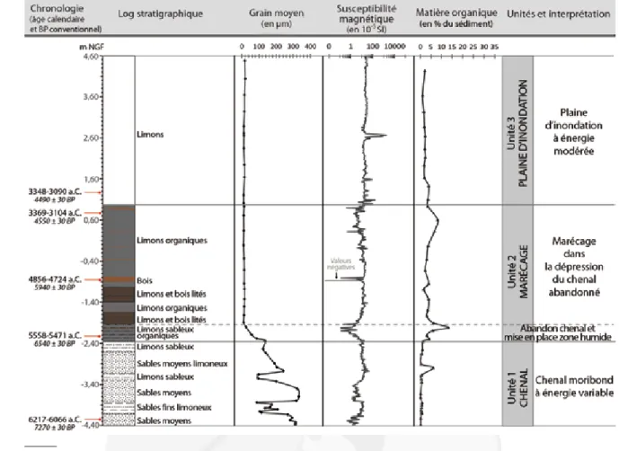 Fig. 10. Analyse sédimentologique de la séquence LG401 prélevée dans le bras-mort néolithique