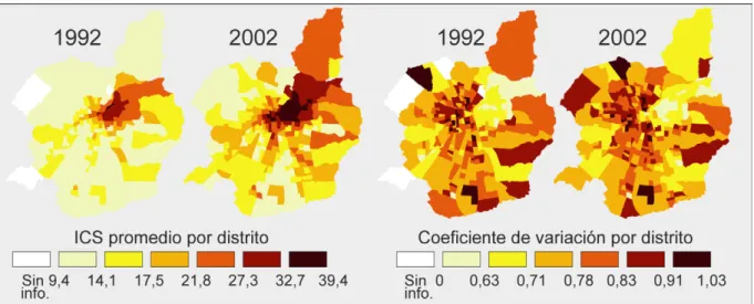 Figura 1. Promedio y coeficiente de  variación del índice de condición  social (Santiago de Chile 1992 y  2002)