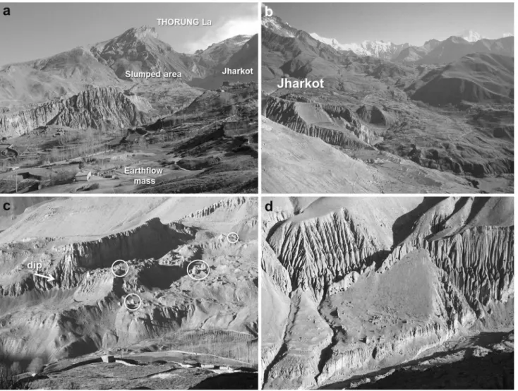Fig. 5 Mass-wasting processes and their threat to settlements in the Jhong valley: a general view of the upper valley, with slumps and earthflows controlled by geology and dip (Ó2009 M