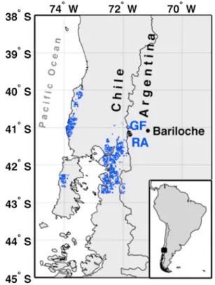 Figure 1. Location of the two tree ring sites (Río Frías, GF, and Río Alerce, RA) and Bariloche meteorological station, northern Patagonia, Argentina