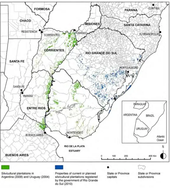 Figure  1.  Region  sketch  and  current  localisation  of  silviculture  in  Rio  Grande  do  Sul  (Brazil),  Uruguay, Entre-Ríos and Corrientes (Argentina)