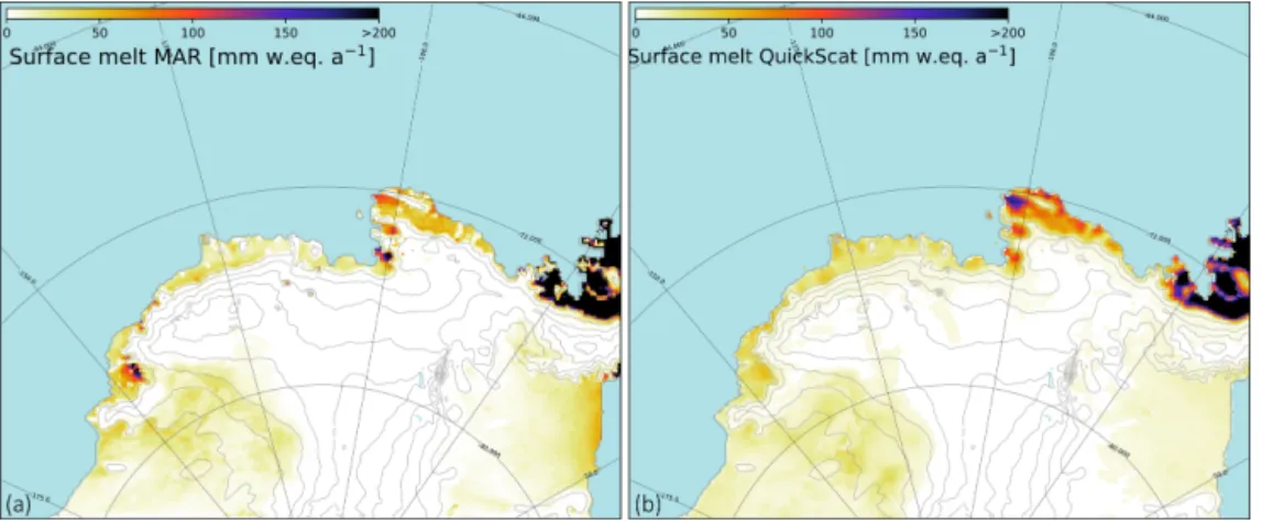 Figure 5. Annual surface melt rate (a) simulated by MAR over 1999–2009 and (b) derived from QuickSCAT satellite data over the same period (Trusel et al., 2013) and interpolated over the MAR grid.