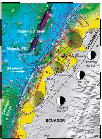 Figure 2. Location of the 20th century great subduction earthquake rupture zones of northern Ecuador – SW Colombia (dashed ellipses), epicenters (stars), and their associated relocated 3-month aftershocks of m b &gt; 4.8 (white, black, and red dots) [Mendo