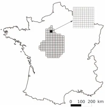 Figure 1. Pine processionary moth sampling grids. A large sampling grid covering the administrative region called ‘‘Re´gion Centre’’ (46 848 km 2 ) in France was investigated