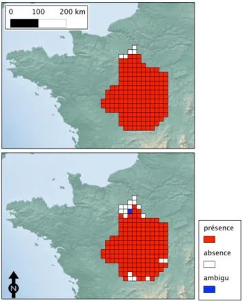 Figure 2: Carte de distribution de la processionnaire du pin dans le centre de  la France sur une grille à maille de 16 × 16 km