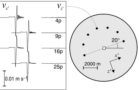 Figure 5. Velocity seismograms (time window 2.4 s) computed around a 20 ◦ tilted point source (white square) represented by: four-, nine-, 16- and 25-point equivalent numerical cells.