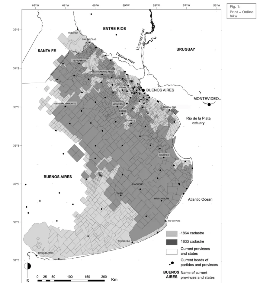 Figure 1. Spatial progress in the cadastration of Buenos Aires Province, 1833–1864.