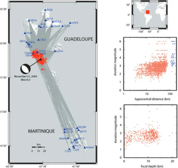 Figure 1. Left: maps of the earthquakes (red circles), stations (blue triangles) and paths (grey lines) used in this study