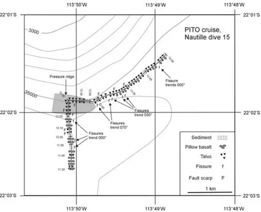 Figure 4. Detailed map of dive 15 along the base of the escarpment, showing depth (contour interval 100 m) and seafloor geology