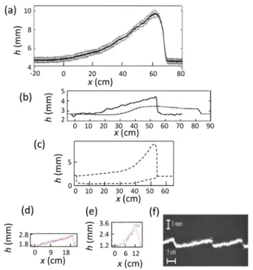 Figure 9. Waves (avalanches) observed for dry granular material flowing on inclined beds with slope angle close  to the friction angles of the material involved : (a) Mean and standard deviation of the thickness profile of a sand  avalanche generated by an