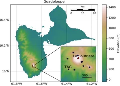 Figure 1: Map of Guadeloupe. Red triangle, La Soufri` ere summit; blue stars, seismic stations