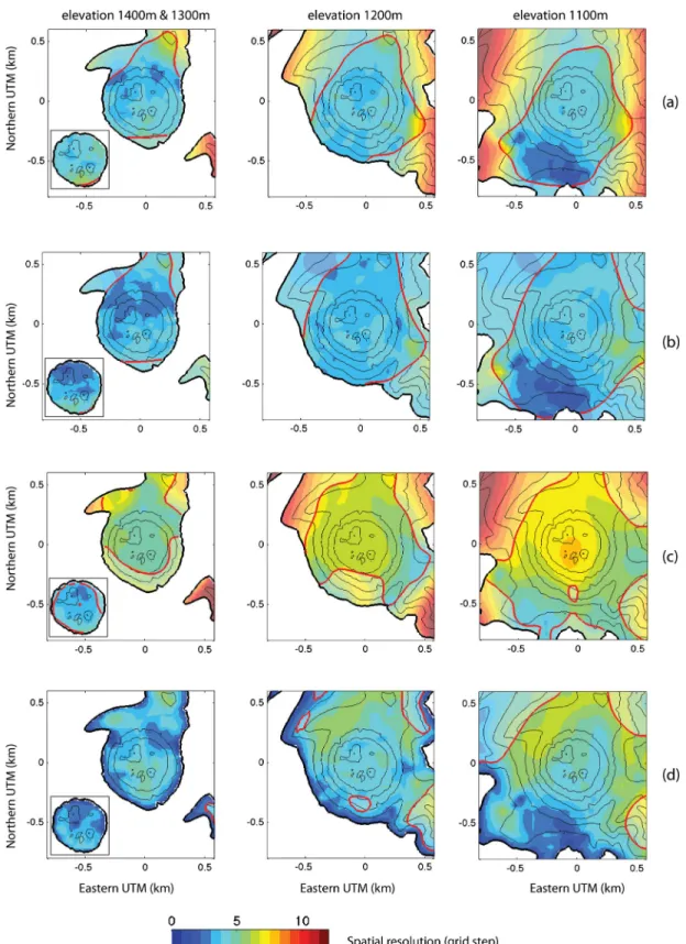 Figure 7. Spatial resolution in grid step unit (  = 50 m) estimated from resolution spatial spreading at different depths and for the different inversions: (a) P-slowness independent; (b) P-slowness joint; (c) density independent; (d) density joint