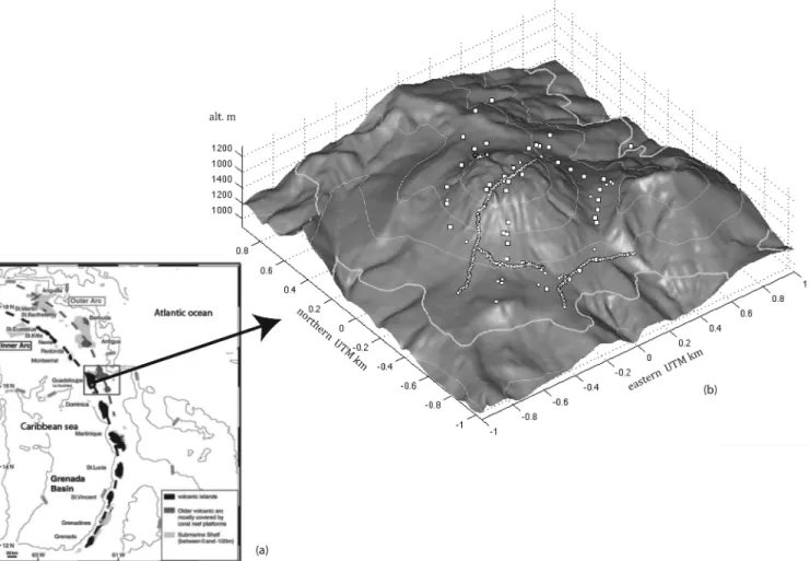 Figure 1. Situation map of La Soufri`ere of Guadeloupe volcano. (a) Guadeloupe island in the Lesser Antilles volcanic arc