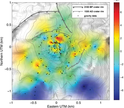 Figure 4. Bouguer anomaly map. Saturated colours stand for interpolated anomaly amplitude (in mgal), a linear shading is applied for minimal distances between data points (solid black dots), white colour corresponds to distance &gt; 400 m