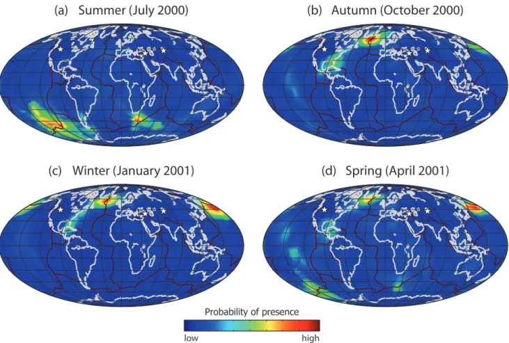 Figure 10. Seasonal variation of the location of P-wave seismic noise sources in the secondary microseismic band (0.1-0.3 Hz).