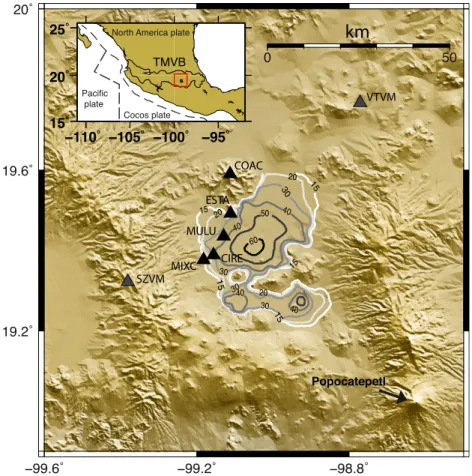 Figure 2. Inset: square is the study region in the trans-Mexican volcanic belt, Mexico