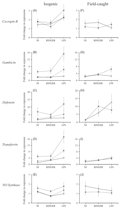 Figure 2 The effect of insecticide resistance on immune-related gene expression. The cecropin B, gambicin, defensin, transferrin, and NO synthase gene expression were measured at their constitutive level (noninjected: NI), or after injection with Ringer or