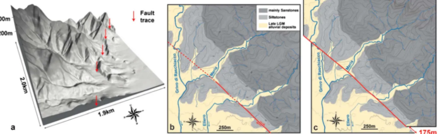 Figure 22. (a) A 3-D view of the shaded 5 m DEM of the Campeglio site looking toward the ESE and showing the surface expressions of faulting (red arrows)