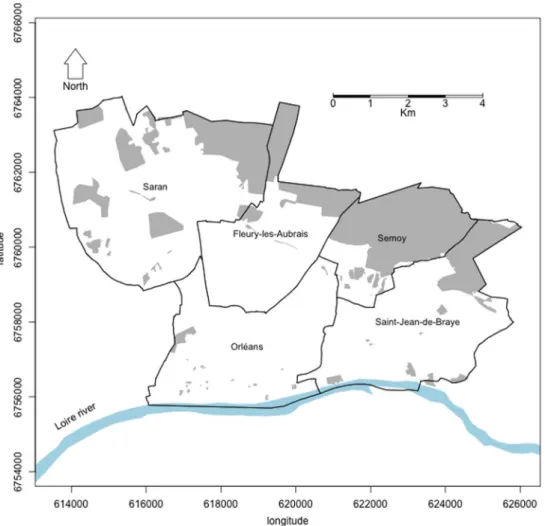 Fig. 1. Study site comprising 5 districts of the Orléans agglomeration: Fleury-les-Aubrais, Orléans, Saint-Jean de Braye, Saran and Semoy