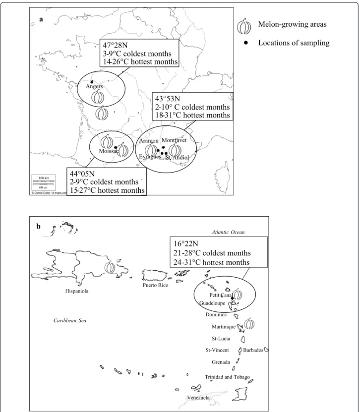 Figure 1 Melon-growing areas and aphid-sampling sites in a. France and b. the Lesser Antilles.