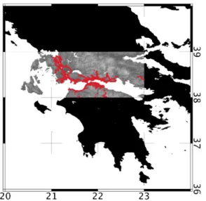 Fig. 1. Western Gulf of Corinth with the location of the three TanDEM-X tiles and, in red, the 148 kinematic GNSS surveys.