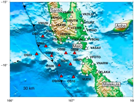 Figure 2. Map of the 2008 – 2009 ARC-VANUATU local seismological network, composed of 20 broadband land stations (white and blue triangles) and 10 OBSs (red triangles)