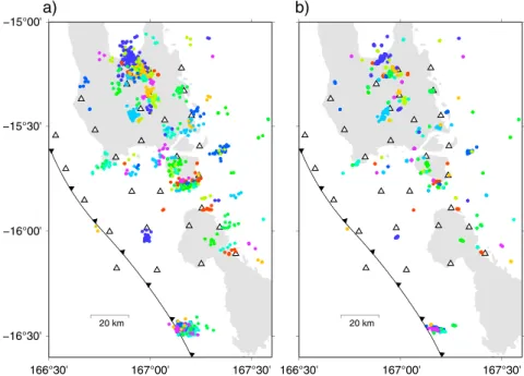 Figure 3. Results of double difference event relocation. Events are shown by circles, and events in the same cluster have the same color