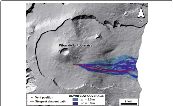 Fig. 6 Lava flow paths forecast by DOWNFLOW for the May 2015 eruption for noise levels ( Δ h) of 0.8 m and 2.5 m on the shaded relief of the same DEM used to run DOWNFLOW