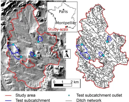 Fig.   1.   Study area. Left: hillside view of  the  study area. Right: ditch network  map