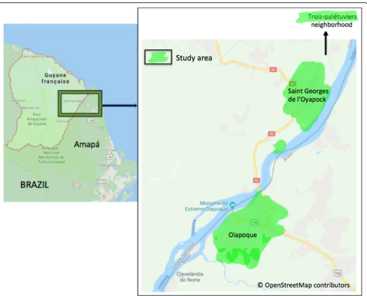 Fig. 1 Study area: Saint-Georges-de-l ’ Oyapock and Oiapoque cities. Source:© OpenStreetMap contributors; shapefile downloaded from https://