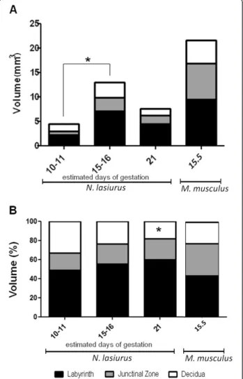 Figure 2 Volume of Necromys lasiurus placenta and of three main layers according to the time of gestation