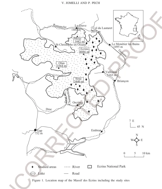 Figure 1. Location map of the Massif des Ecrins including the study sites