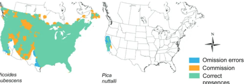 Figure 1. Examples of the comparison between species range maps (from the IUCN data) and areas of occupancy (from the BBS data) for  two of the bird species analyzed: correct presences are sites where the two types of distribution data match; commission er