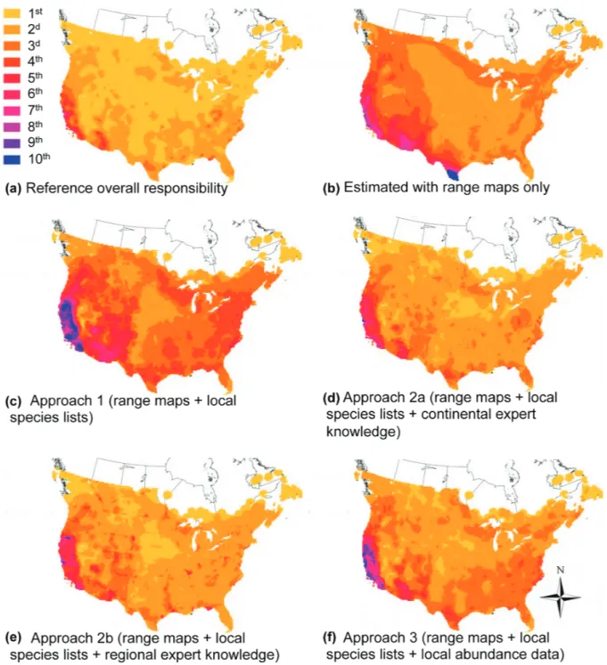Figure 4. Spatial patterns of overall responsibility across the study region. In (a) we present the reference values obtained from high-quality  data on species abundances, the benchmark against which all other maps are compared