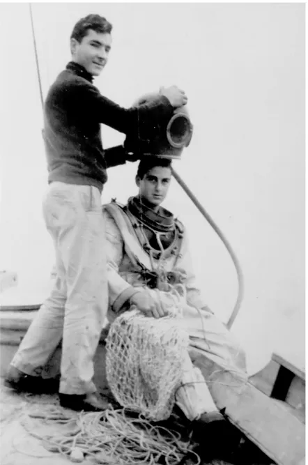 Figure 1: Sponge fisherman in a hard-hat diving suit. Photograph from the Stratis Liadellis  (Στρατις Λιαδελλης) private collection, Lemnos Island, Greece (1955-1960)