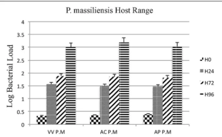 FIGURE 2 | Host range of P. massiliensis. Histogram of P. massiliensis growth in three types of amoeba; V