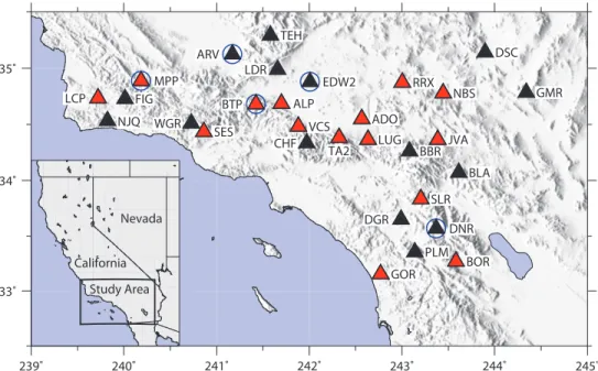Figure 1. Locations of 30 broadband stations from the Southern California Seismic Network (SCSN) used to analyse seven years of continuous 3-component seismic data for noise amplitudes in nine frequency bands between 2 and 18 Hz