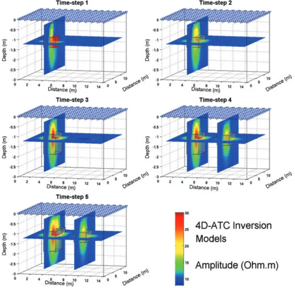Figure 9. The 4-D-ATC inversion model showing the amplitude of each model time step. The grey cube shows the true change in amplitude of the resistivity.
