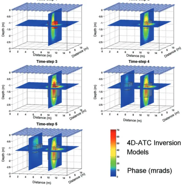 Figure 10. The 4-D-ATC inversion model of the phase at different time steps. The grey cubes show the localization of true changes in the phase.