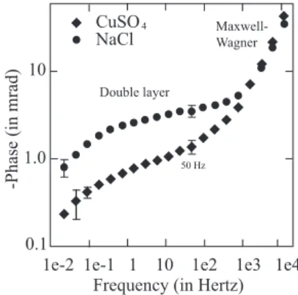 Figure 5. Phase versus frequency for the sand saturated by solutions of NaCl and CuSO 4 at 210 S cm 1 