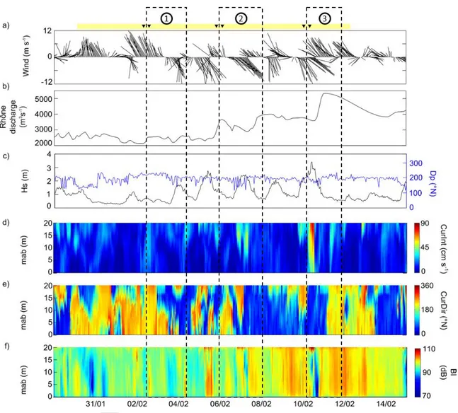 Figure 3  –  Time-series  from  January 30 to February 15, 2014 of:  (a) the  hourly  mean wind  speed and direction, (b) the Rhône River daily-mean discharge, (c) the significant wave height  and  direction,  (d)  the  hourly  mean  current  speed  and  (